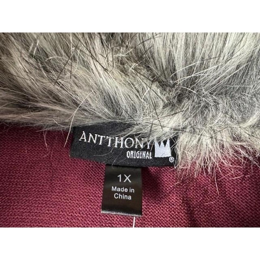 NWT Anthony Original‎ Burgundy Knit Cape Faux Fur Trim 1X Plus Size 3RL61AM - Picture 3 of 8